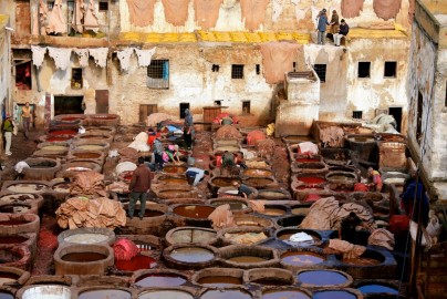 Cloth dyers in Fez, Morocco