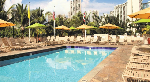 Pool view and city view at Ambassador Waikiki Hotel